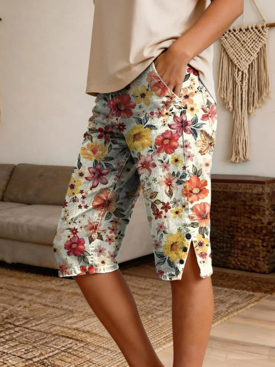 Women's Retro Floral Art Print Casual Denim Shorts