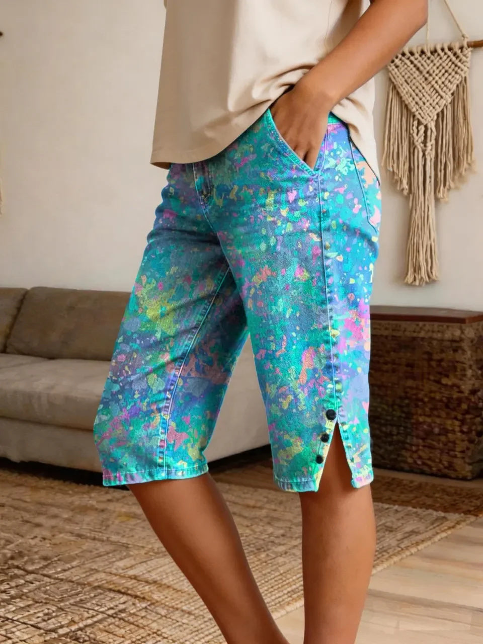 Women's Retro Pattern Art Print Casual Denim Shorts