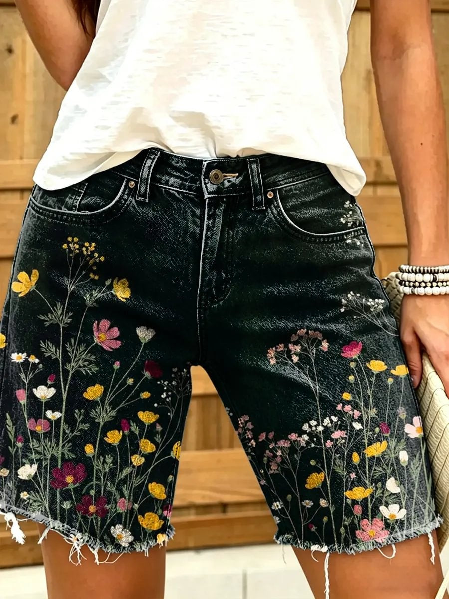 Vintage Ethnicity Flowers Women's Art Print Casual Denim Shorts