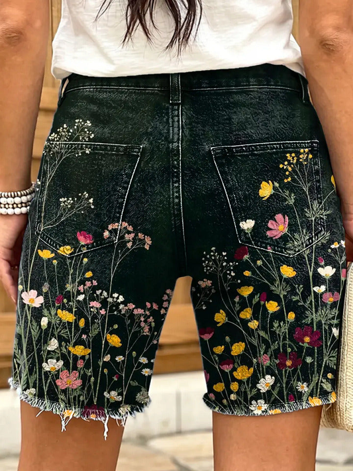 Vintage Ethnicity Flowers Women's Art Print Casual Denim Shorts