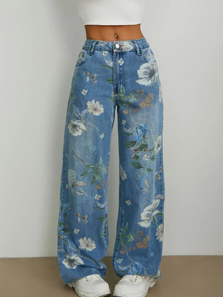 Women's Vintage Floral Printed Wide Leg Jeans, High Waist Loose Denim Pants for Summer Fall