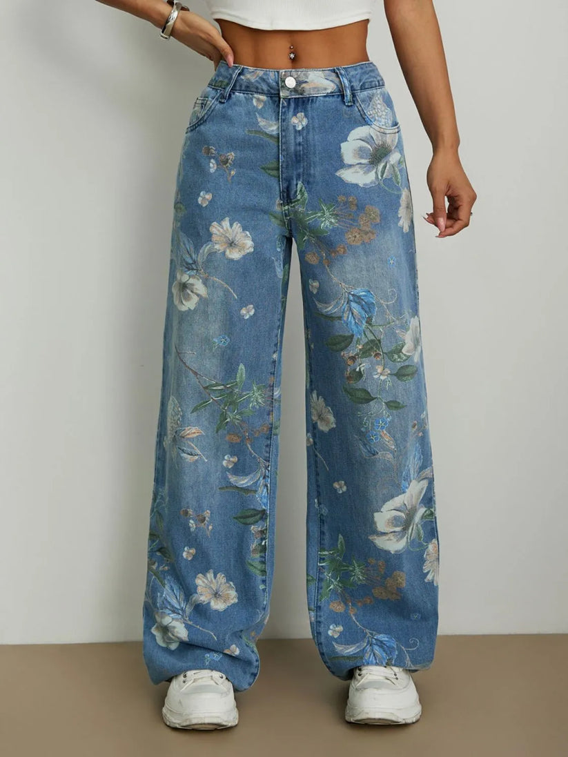Women's Vintage Floral Printed Wide Leg Jeans, High Waist Loose Denim Pants for Summer Fall