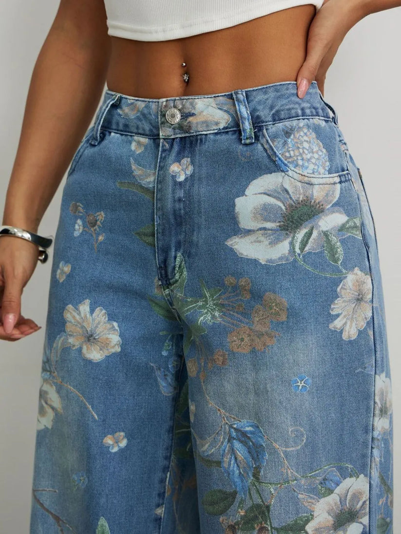 Women's Vintage Floral Printed Wide Leg Jeans, High Waist Loose Denim Pants for Summer Fall