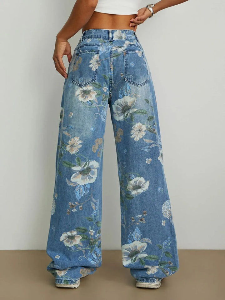 Women's Vintage Floral Printed Wide Leg Jeans, High Waist Loose Denim Pants for Summer Fall