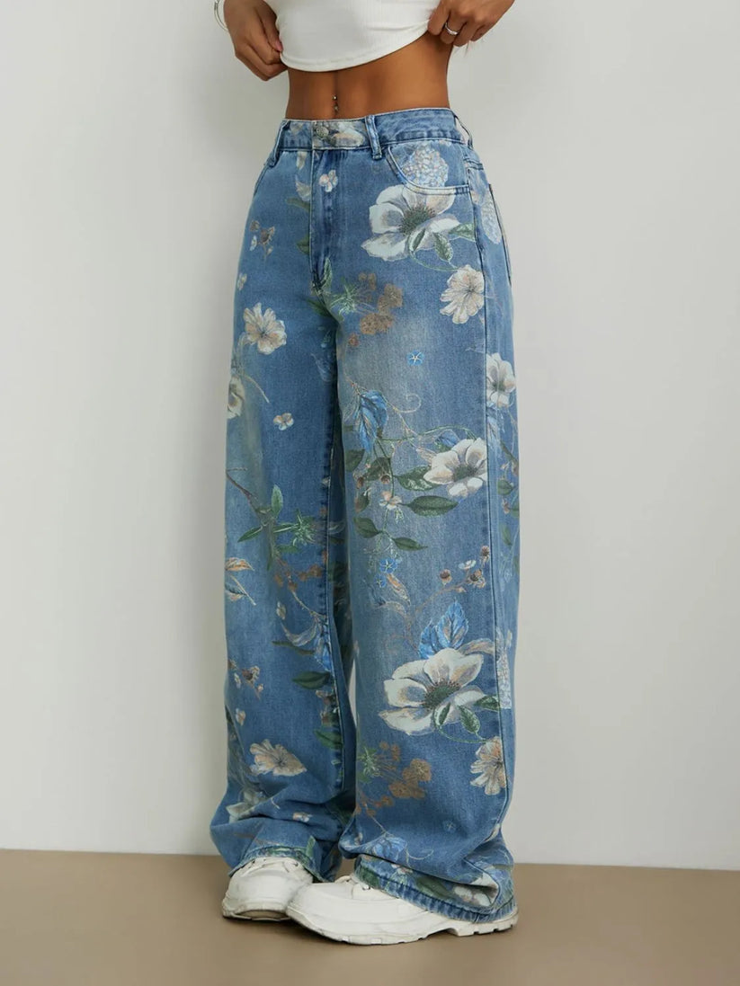 Women's Vintage Floral Printed Wide Leg Jeans, High Waist Loose Denim Pants for Summer Fall