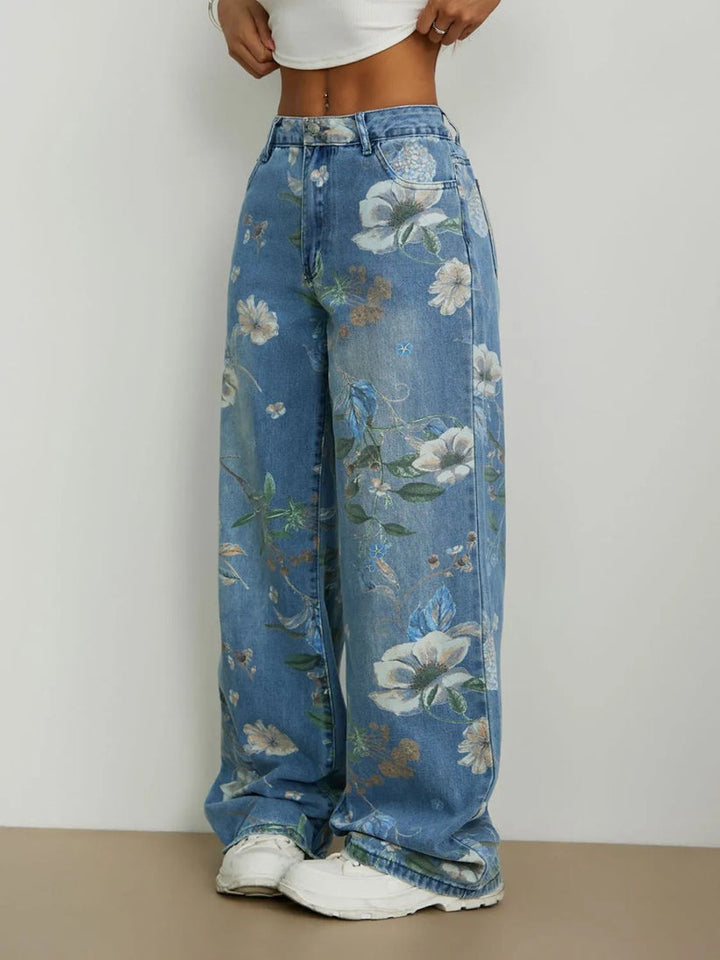 Women's Vintage Floral Printed Wide Leg Jeans, High Waist Loose Denim Pants for Summer Fall