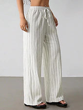 Women's Vertical Striped Linen Wide Leg Pants, Drawstring Mid Waist Casual Loose Trousers for Spring Vacation Daily Wear