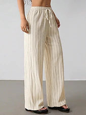 Women's Vertical Striped Linen Wide Leg Pants, Drawstring Mid Waist Casual Loose Trousers for Spring Vacation Daily Wear
