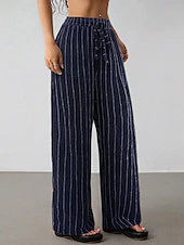 Women's Vertical Striped Linen Wide Leg Pants, Drawstring Mid Waist Casual Loose Trousers for Spring Vacation Daily Wear