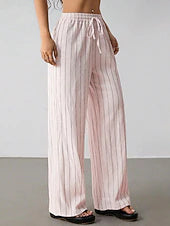 Women's Vertical Striped Linen Wide Leg Pants, Drawstring Mid Waist Casual Loose Trousers for Spring Vacation Daily Wear