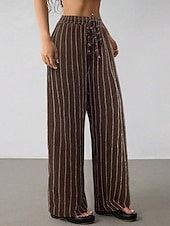 Women's Vertical Striped Linen Wide Leg Pants, Drawstring Mid Waist Casual Loose Trousers for Spring Vacation Daily Wear
