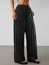 Women's Vertical Striped Linen Wide Leg Pants, Drawstring Mid Waist Casual Loose Trousers for Spring Vacation Daily Wear