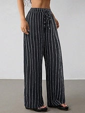 Women's Vertical Striped Linen Wide Leg Pants, Drawstring Mid Waist Casual Loose Trousers for Spring Vacation Daily Wear