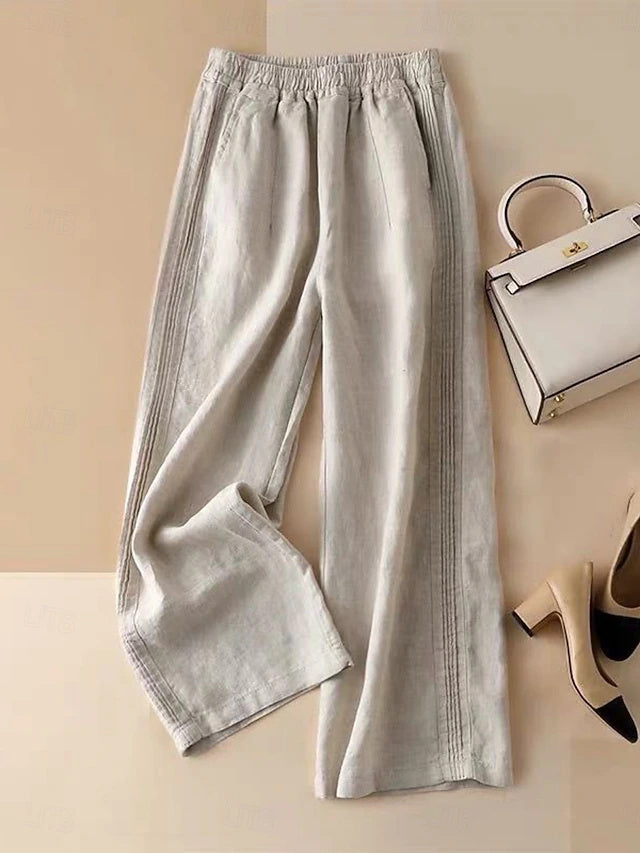 Women's Solid Side Pleated Linen Wide Leg Pants, Elastic High Waist Loose Full Length Casual Trousers for Summer Beach Vacation