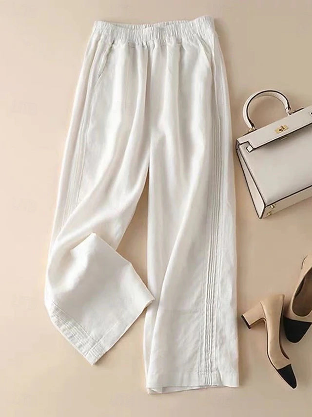 Women's Solid Side Pleated Linen Wide Leg Pants, Elastic High Waist Loose Full Length Casual Trousers for Summer Beach Vacation