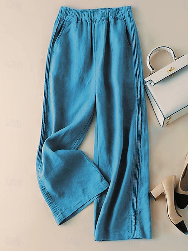 Women's Solid Side Pleated Linen Wide Leg Pants, Elastic High Waist Loose Full Length Casual Trousers for Summer Beach Vacation