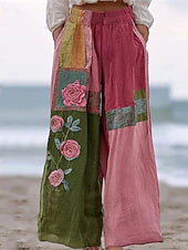 Women's High Waist Floral Print Full Length Wide Leg Pants for Spring & Fall