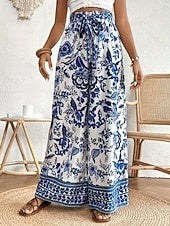 Women's High Waist Printed Soft Twill Wide Leg Pants, Boho Casual Trousers for Vacation