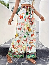 Women's High Waist Printed Soft Twill Wide Leg Pants, Boho Casual Trousers for Vacation