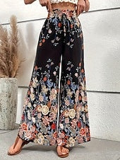 Women's High Waist Printed Soft Twill Wide Leg Pants, Boho Casual Trousers for Vacation