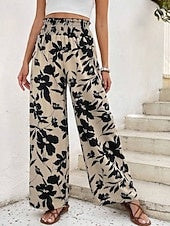 Women's Floral Print Elastic Waist Soft Twill Wide Leg Pants