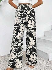 Women's Floral Print Elastic Waist Soft Twill Wide Leg Pants