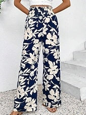 Women's Floral Print Elastic Waist Soft Twill Wide Leg Pants