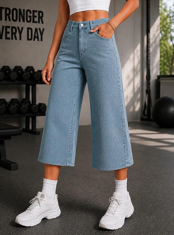 High Waist Denim Wide Leg Capri Casual Pants Women Spring Summer