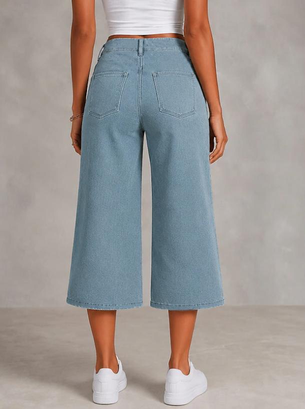 High Waist Denim Wide Leg Capri Casual Pants Women Spring Summer