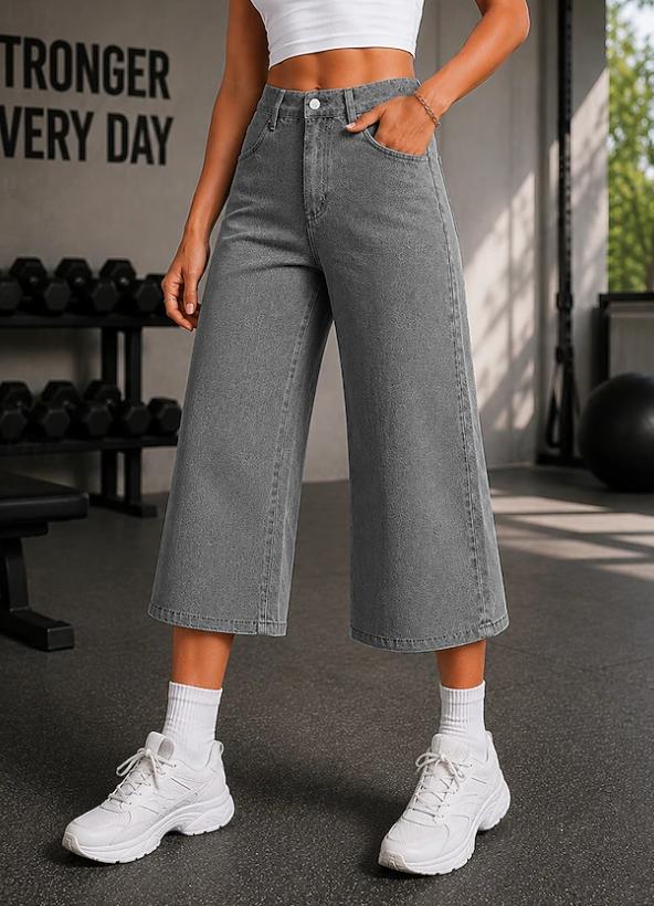 High Waist Denim Wide Leg Capri Casual Pants Women Spring Summer