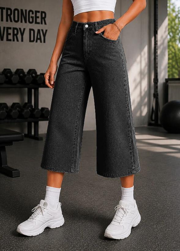High Waist Denim Wide Leg Capri Casual Pants Women Spring Summer