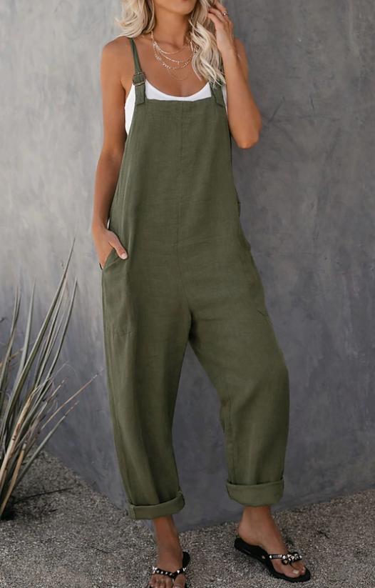 Women's Solid Linen Look Comfort Cargo Jumpsuit Pants