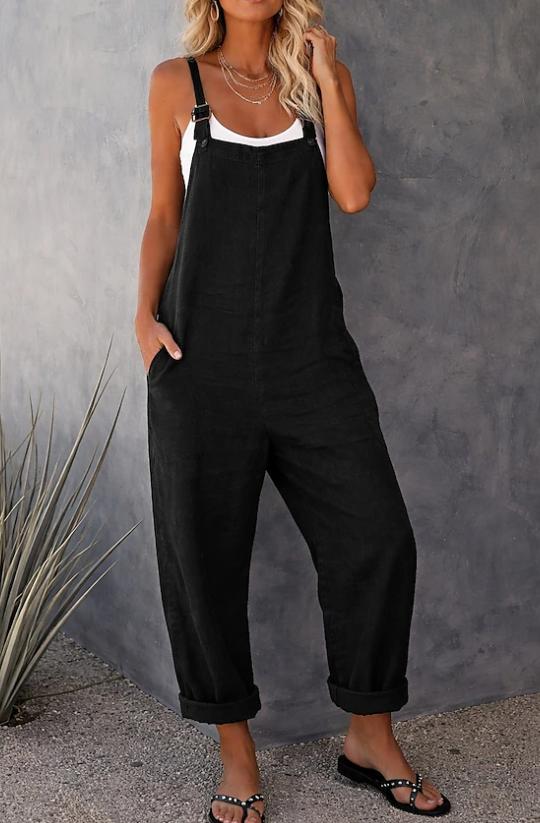 Women's Solid Linen Look Comfort Cargo Jumpsuit Pants