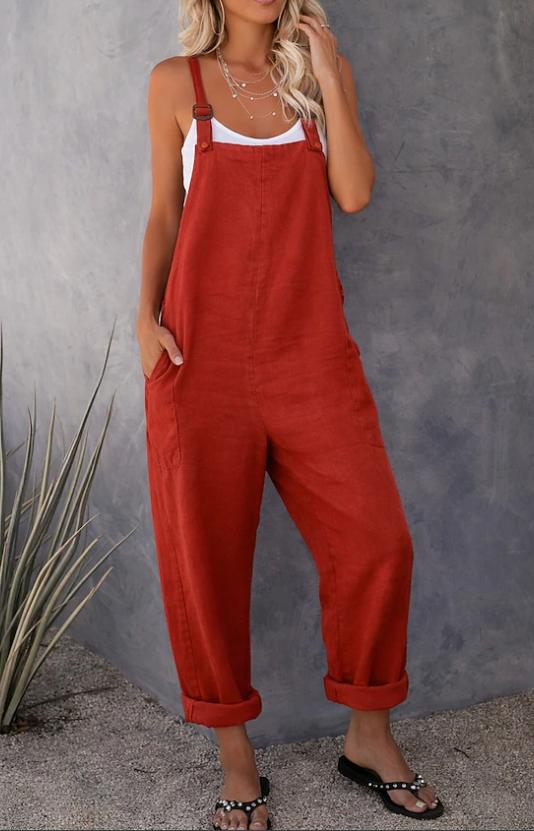 Women's Solid Linen Look Comfort Cargo Jumpsuit Pants