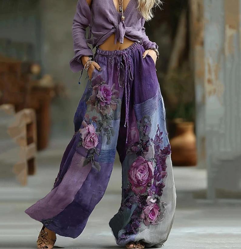 Women's Fashion Boho Print High Waist Comfort Wide Leg Long Pants