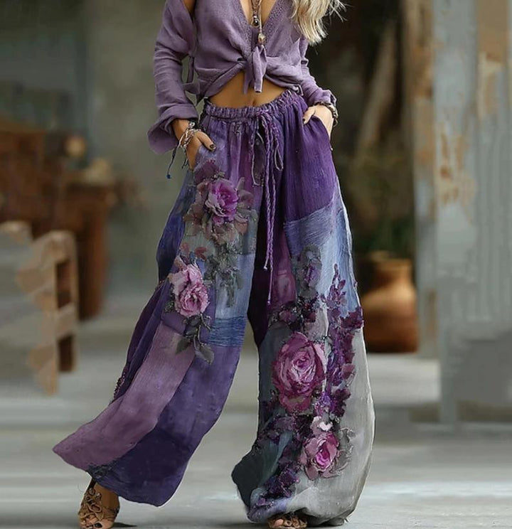 Women's Fashion Boho Print High Waist Comfort Wide Leg Long Pants
