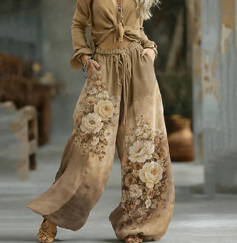 Women's Fashion Boho Print High Waist Comfort Wide Leg Long Pants