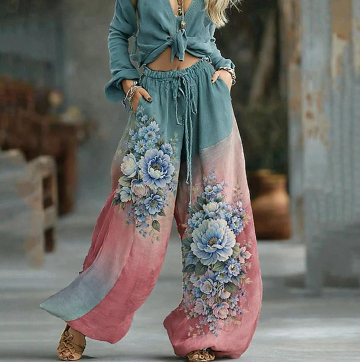 Women's Fashion Boho Print High Waist Comfort Wide Leg Long Pants
