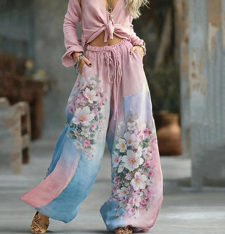 Women's Fashion Boho Print High Waist Comfort Wide Leg Long Pants