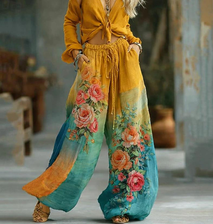 Women's Fashion Boho Print High Waist Comfort Wide Leg Long Pants