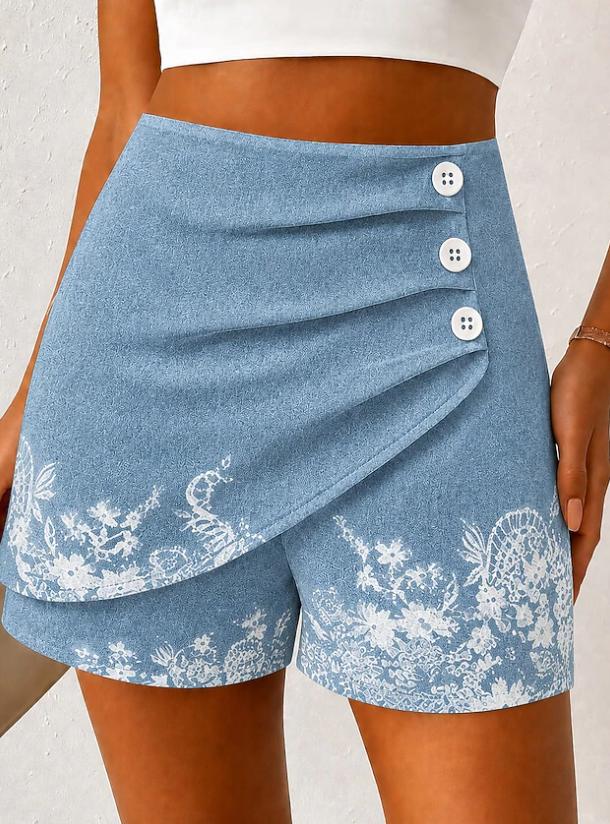 Women's Elegant Vintage High Waist Printed Breathable Twill Cotton Vacation Shorts