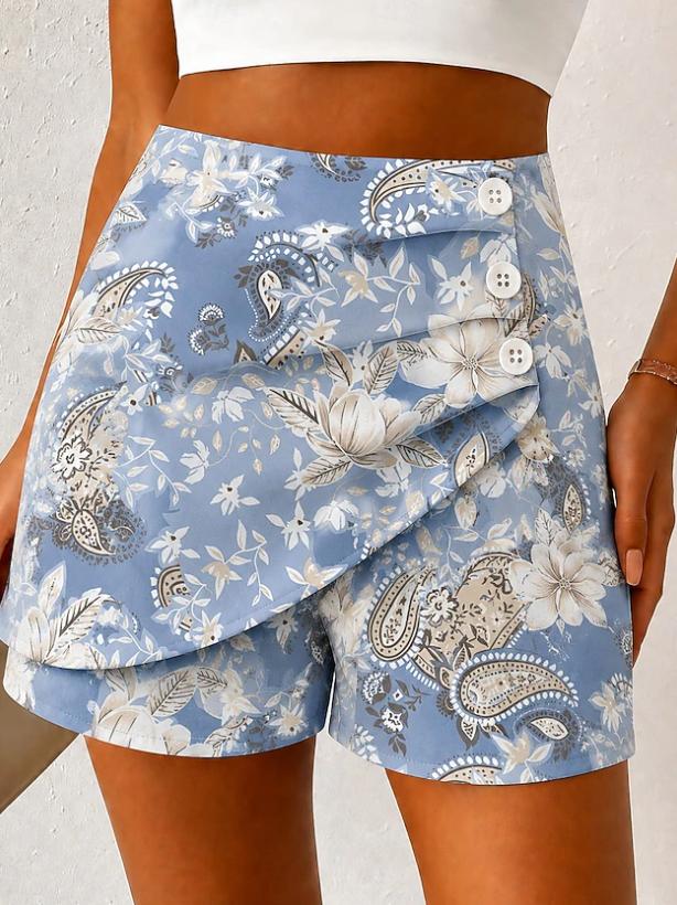 Women's Elegant Vintage High Waist Printed Breathable Twill Cotton Vacation Shorts