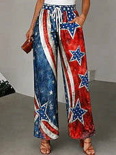Women's American Flag Print Drawstring Side Pockets Breathable Casual Pants