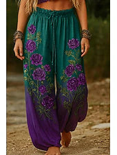 Women's Vintage Ethnic High Waist Printed Linen Look Wide Leg Casual Pants
