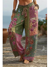 Women's Vintage Ethnic High Waist Printed Linen Look Wide Leg Casual Pants