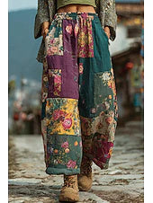 Women's Vintage Ethnic High Waist Printed Linen Look Wide Leg Casual Pants