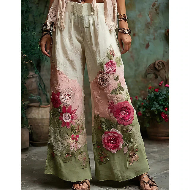 Women's Vintage Boho High Waist Printed Breathable Wide Leg Pants