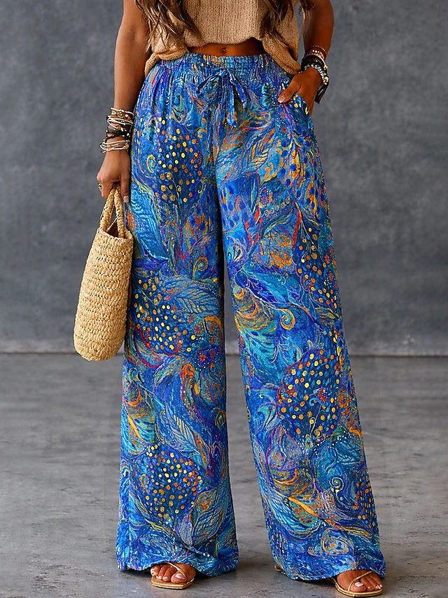 Women's High Waist Printed Vintage Ethnic Wide Leg Twill Pants