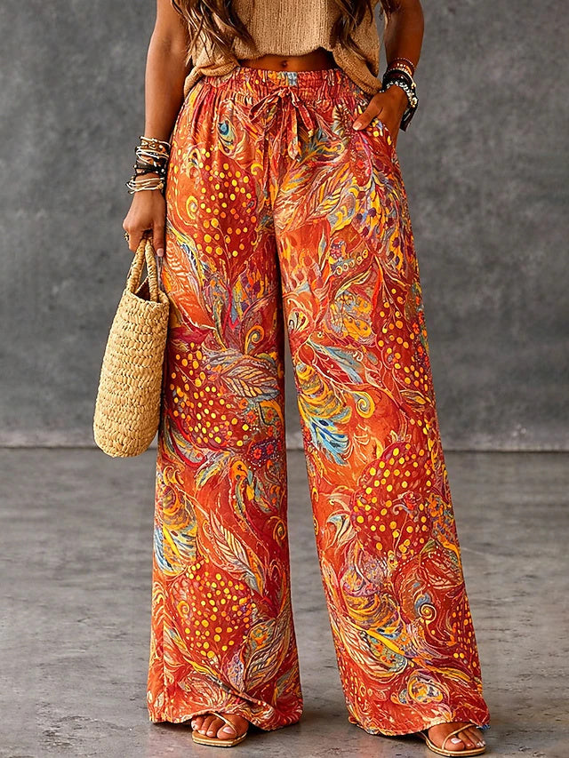 Women's High Waist Printed Vintage Ethnic Wide Leg Twill Pants