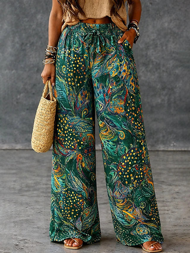 Women's High Waist Printed Vintage Ethnic Wide Leg Twill Pants